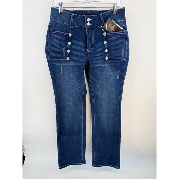 Flamingals Denim - Flamingals Womens High Waisted Sailor Button Jeans Dark Wash Distressed Size L